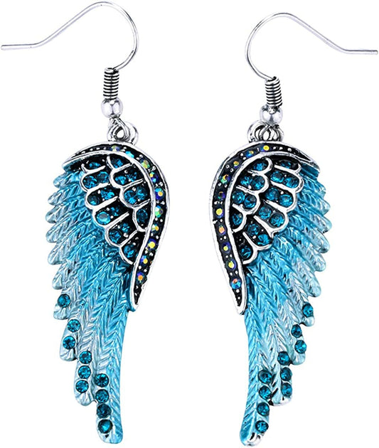 Women'S Crystal Guardian Angel Wings Hypoallergenic Dangle Earrings Biker Jewelry - 2 1/4 Inch Blue