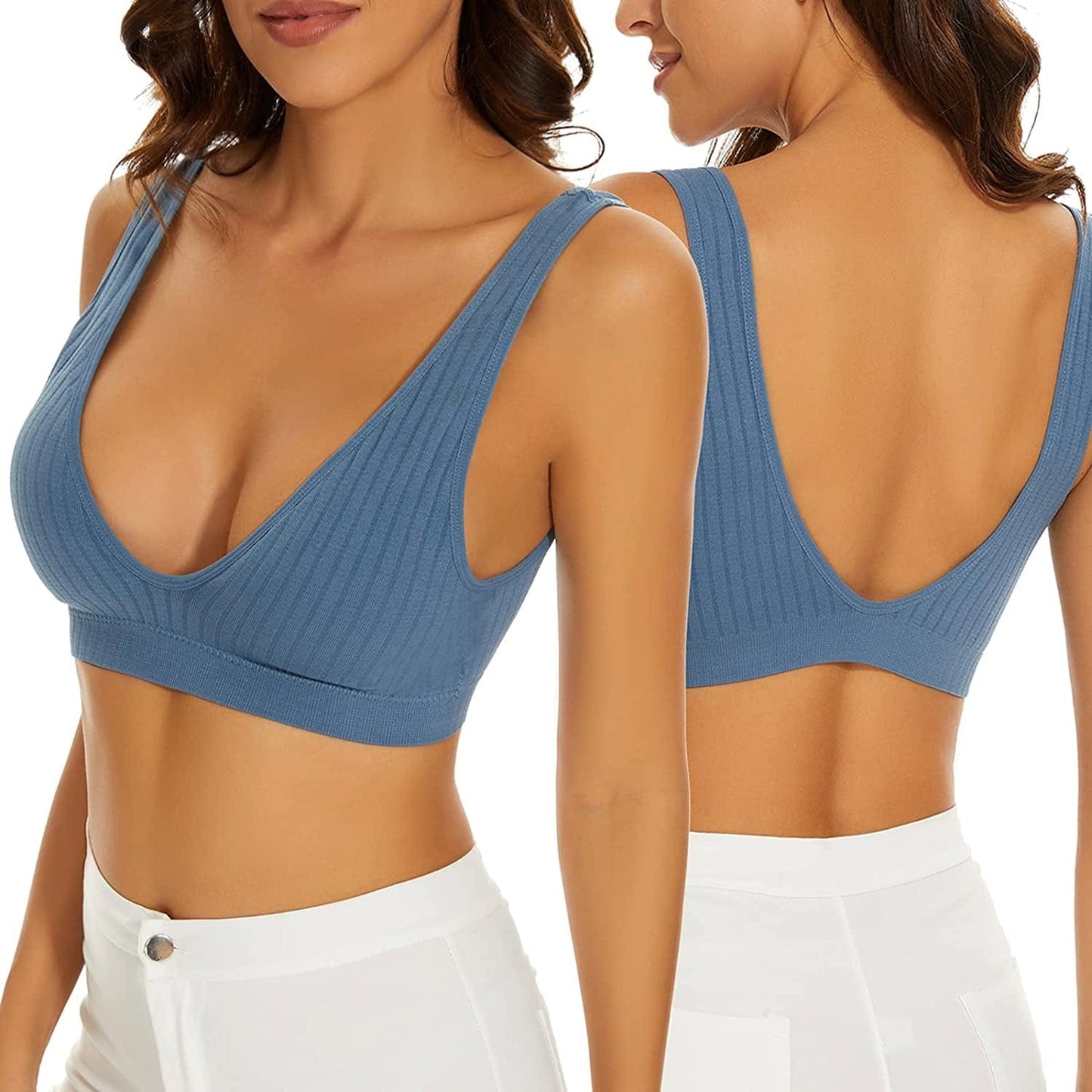 Women'S Deep V Plunge Bra Seamless Low Back Sport Bra Wireless Bralette for Women Oceanblue / Medium