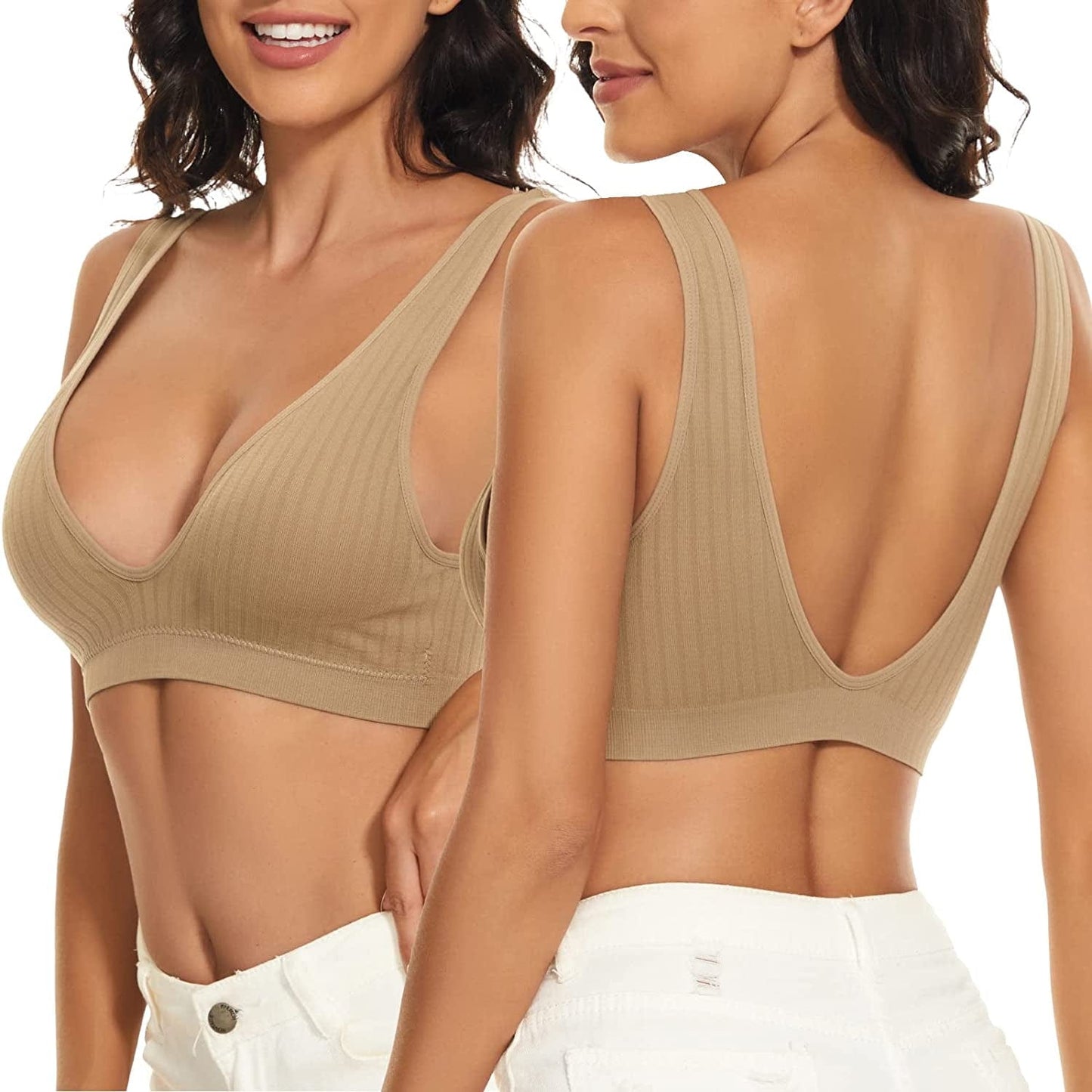 Women'S Deep V Plunge Bra Seamless Low Back Sport Bra Wireless Bralette for Women Khaki / Medium
