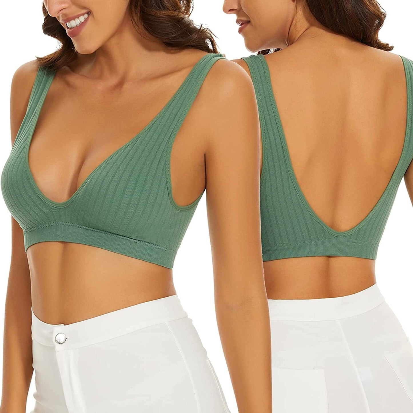 Women'S Deep V Plunge Bra Seamless Low Back Sport Bra Wireless Bralette for Women Green / Large