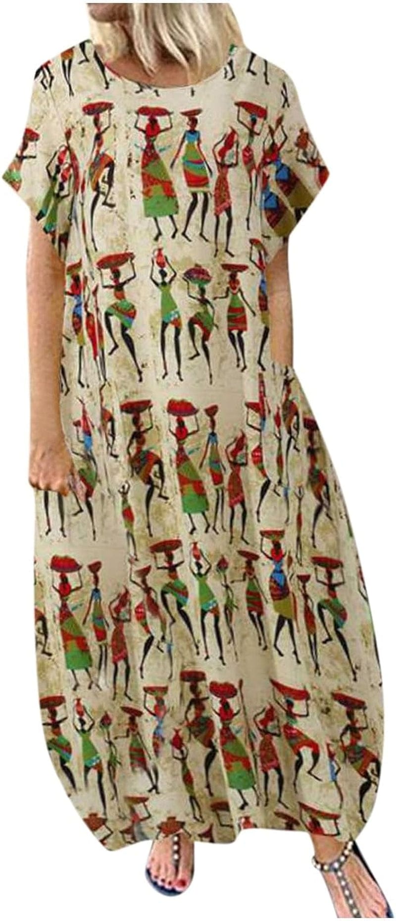 Women'S Fall Dresses 2023 Retro round Neck Long Dress Printed Loose Length Dress Ethnic Style, S-5XL Beige / X-Large