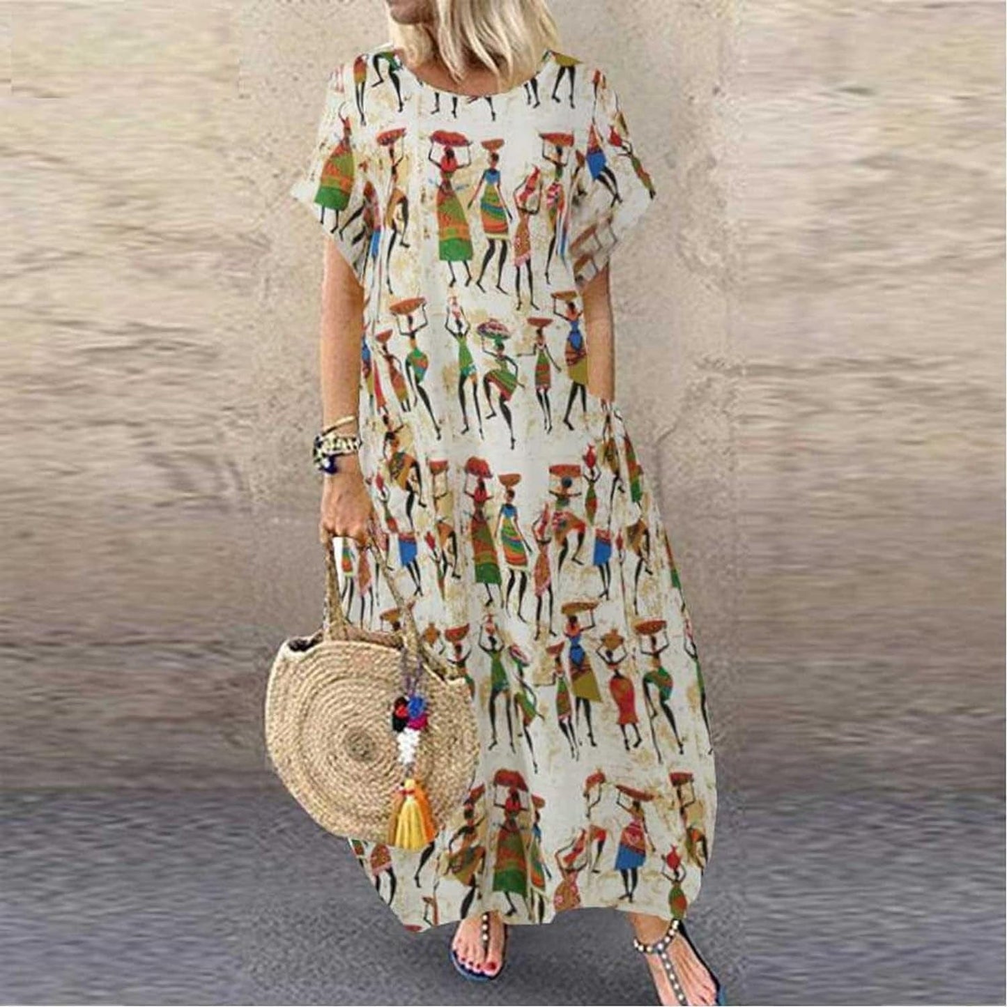 Women'S Fall Dresses 2023 Retro round Neck Long Dress Printed Loose Length Dress Ethnic Style, S-5XL
