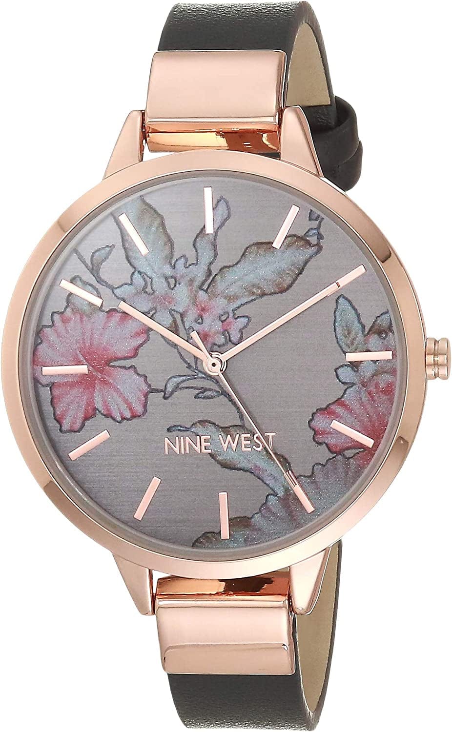 Women'S Floral Dial Strap Watch Grey/Rose Gold