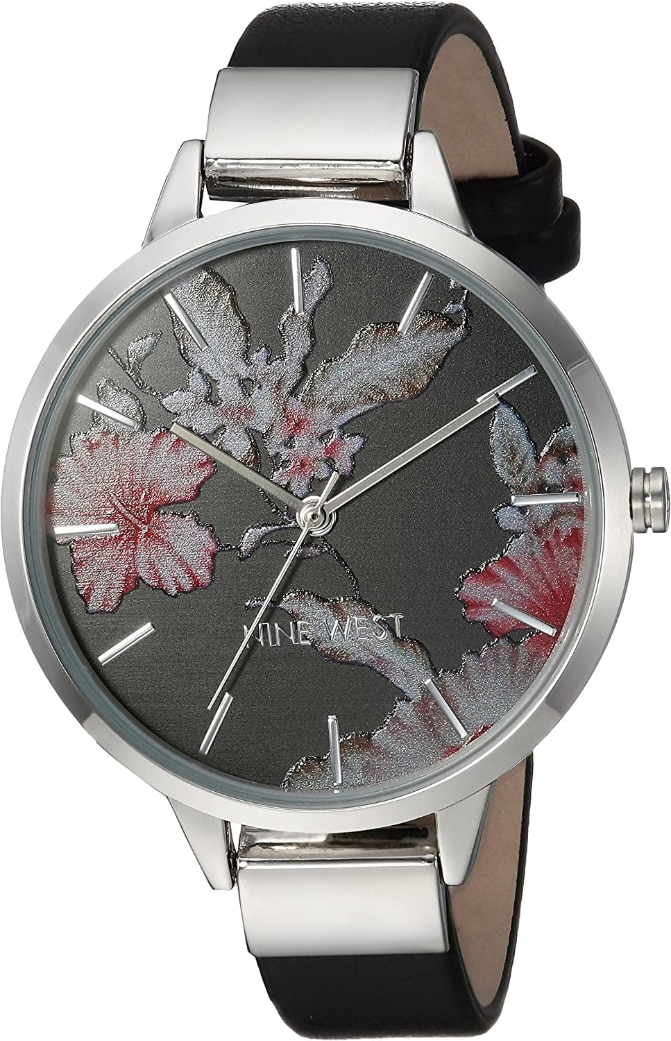 Women'S Floral Dial Strap Watch Black/Silver
