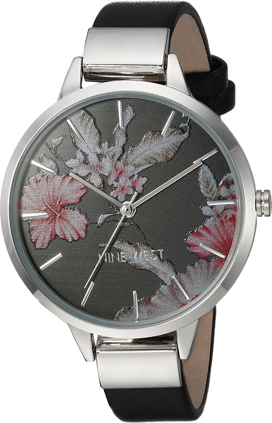 Women'S Floral Dial Strap Watch Black/Silver