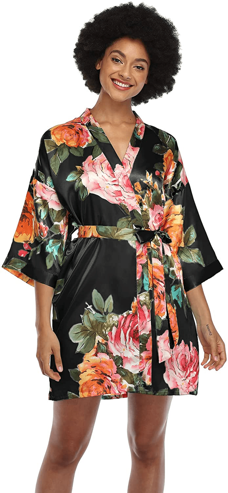 Women'S Floral Satin Kimono Robes Short Silky Bridesmaid Robes Sleepwear Apparel & Accessories > Clothing > Sleepwear & Loungewear > Robes MissNina Black X-Large-XX-Large