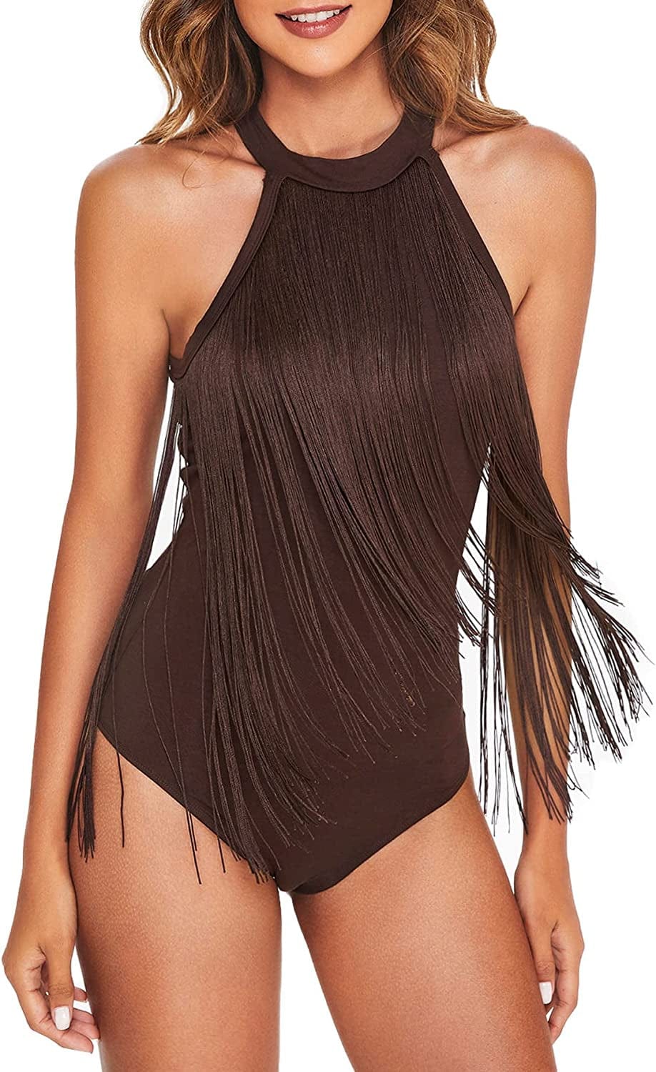 Women'S Fringe Trim Sleeveless Bodycon Halter Bodysuit Top Coffee Brown / Large