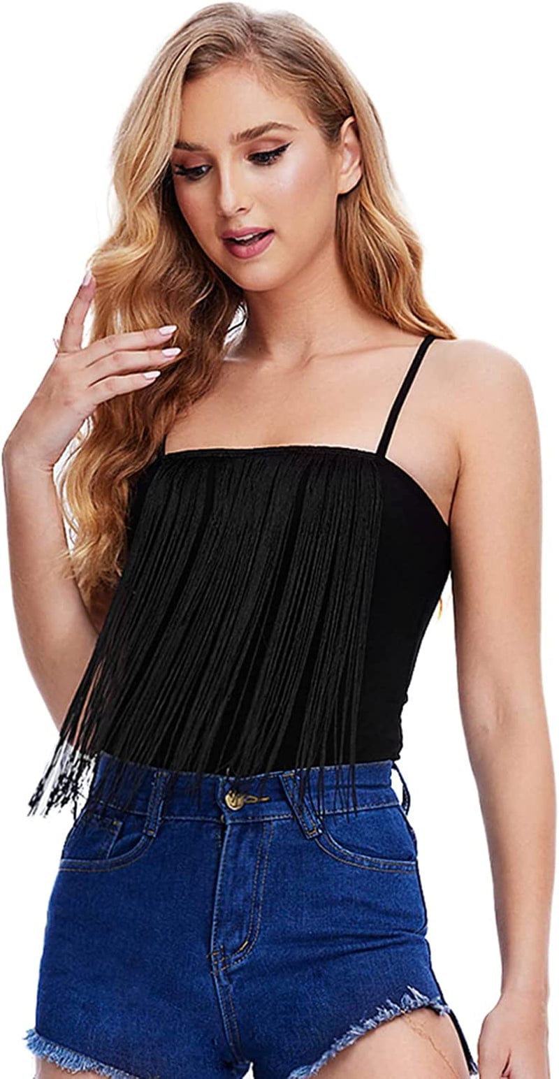 Women'S Fringe Trim Sleeveless Bodycon Halter Bodysuit Top Cami Black / Small
