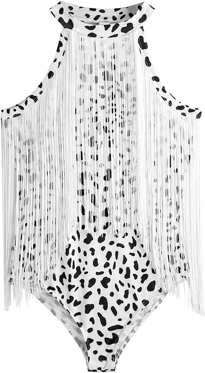 Women'S Fringe Trim Sleeveless Bodycon Halter Bodysuit Top Black Mini Cow / Small