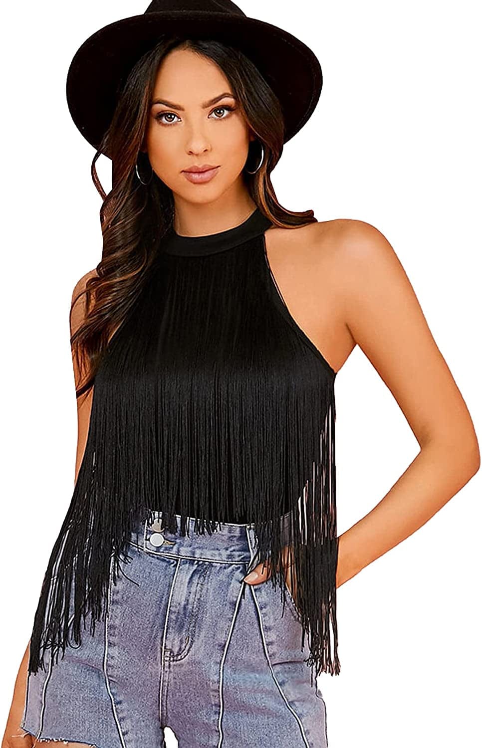 Women'S Fringe Trim Sleeveless Bodycon Halter Bodysuit Top Black / Small
