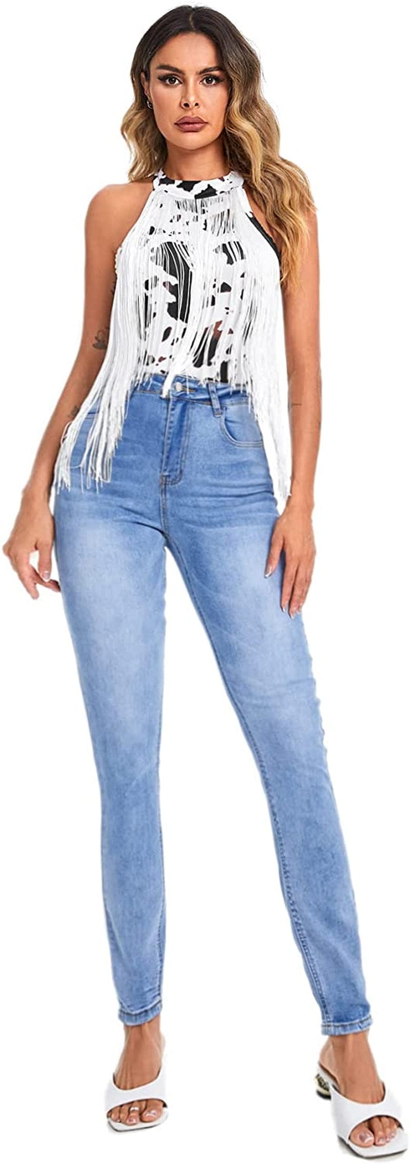 Women'S Fringe Trim Sleeveless Bodycon Halter Bodysuit Top