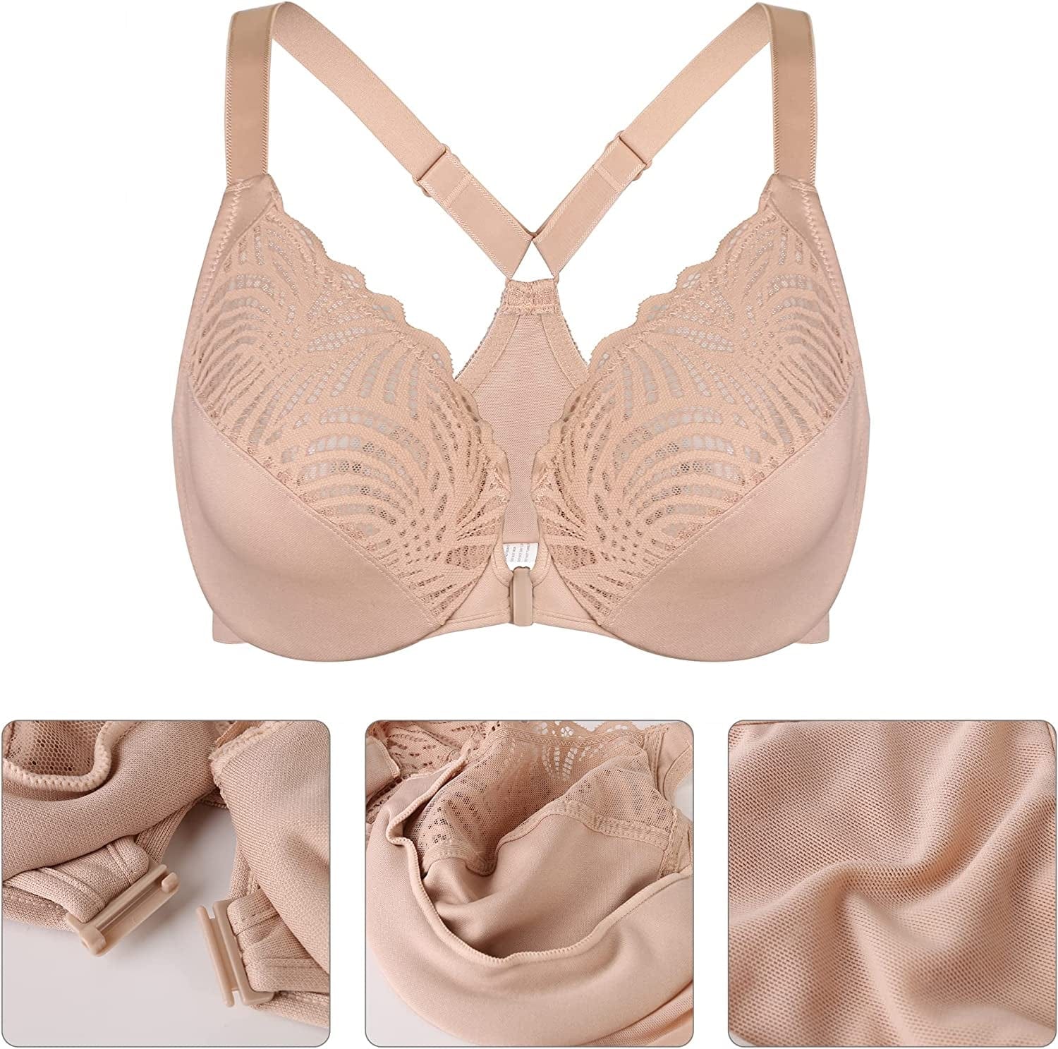 Women’S Full Figure plus Size Unpadded Front Closure Lace Racerback Underwire Everyday Bra