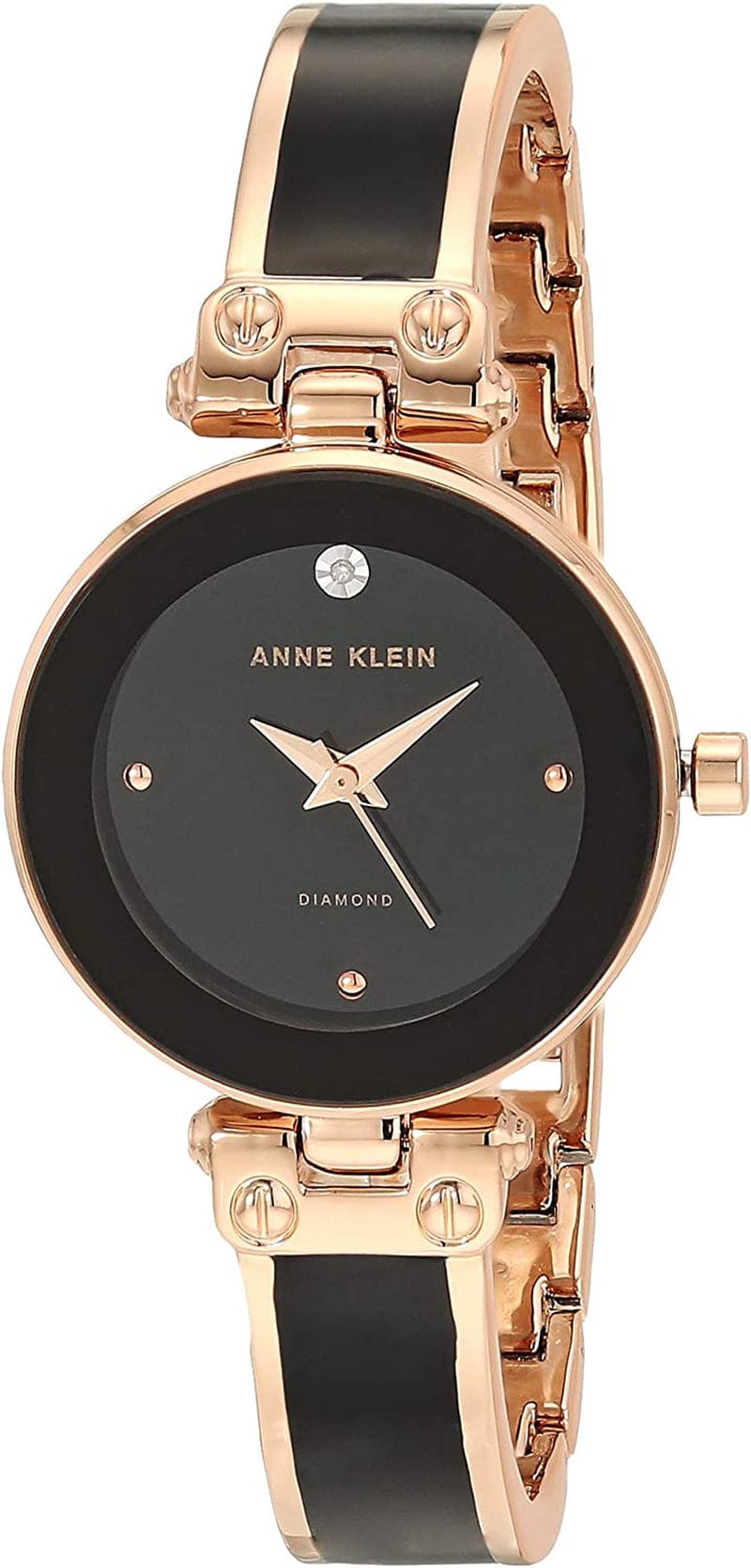 Women'S Genuine Diamond Dial Bangle Watch Black/Rose Gold