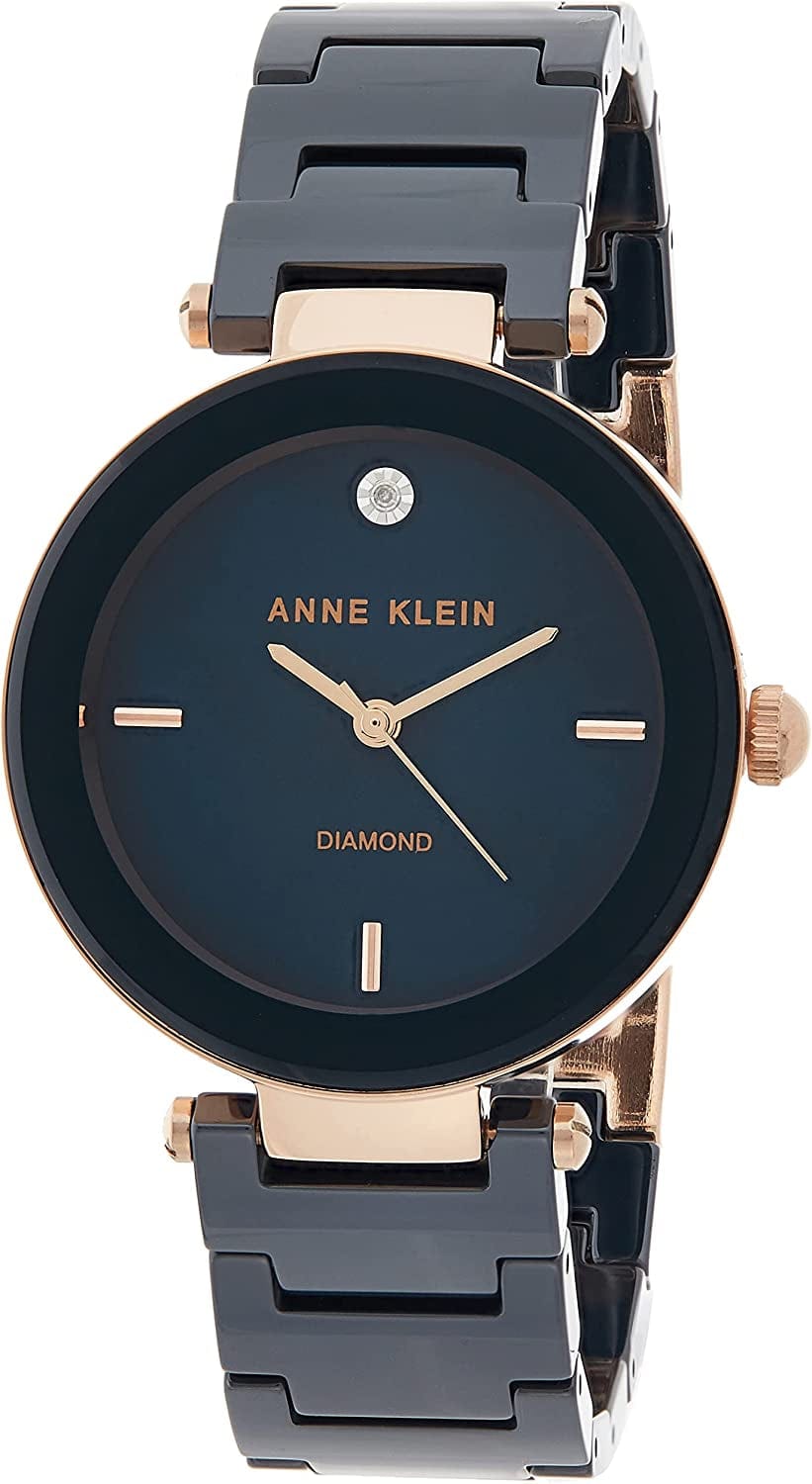 Women'S Genuine Diamond Dial Ceramic Bracelet Watch Navy Blue/Rose Gold