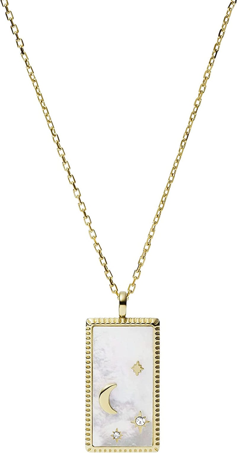 Women'S Gold-Tone Stainless Steel Pendant Chain Necklace Gold/Opal Lunar Plaque