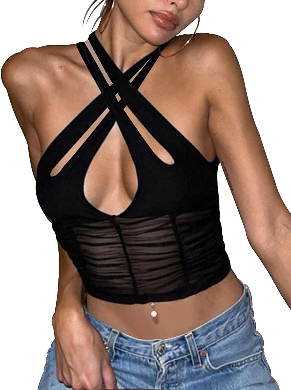 Women’S Halter Crop Top Y2K Ruched Corset Tank Corset Tank Black / X-Small