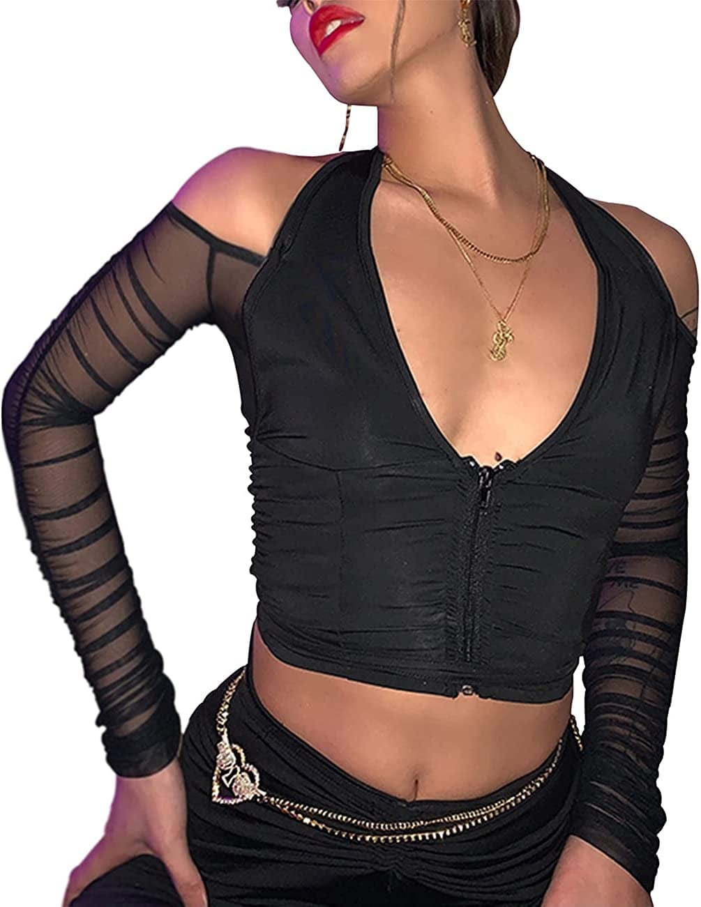 Women’S Halter Long Sleeve Crop Top Y2K Deep V Neck T Shirts Black / Medium