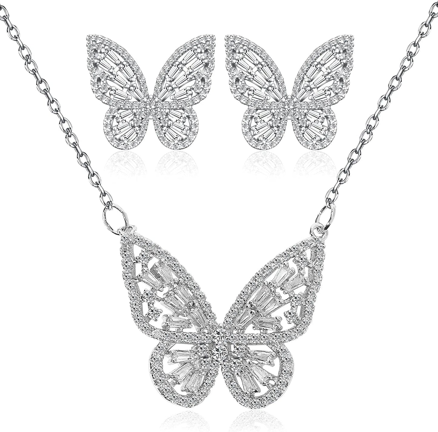 Women'S Jewelry Sets Crystal Butterfly Earrings Necklaces for Women Girls Cubic Zirconia White Gold Butterfly Necklace Ring Bangle Bracelet Birthday Anniversary Valentines Mother'S Day Jewelry Gifts for Mom Bridesmaid Wife Sister Friend EA95 Silver-Earrings + Necklace