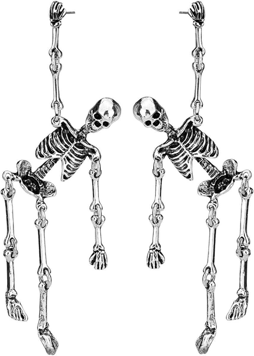 Women'S Jointed Skeleton Dangle Long Earrings - 3-1/2 Inch - Ultra Light - Lead & Nickle Free - Halloween Costume Accessories Post silver