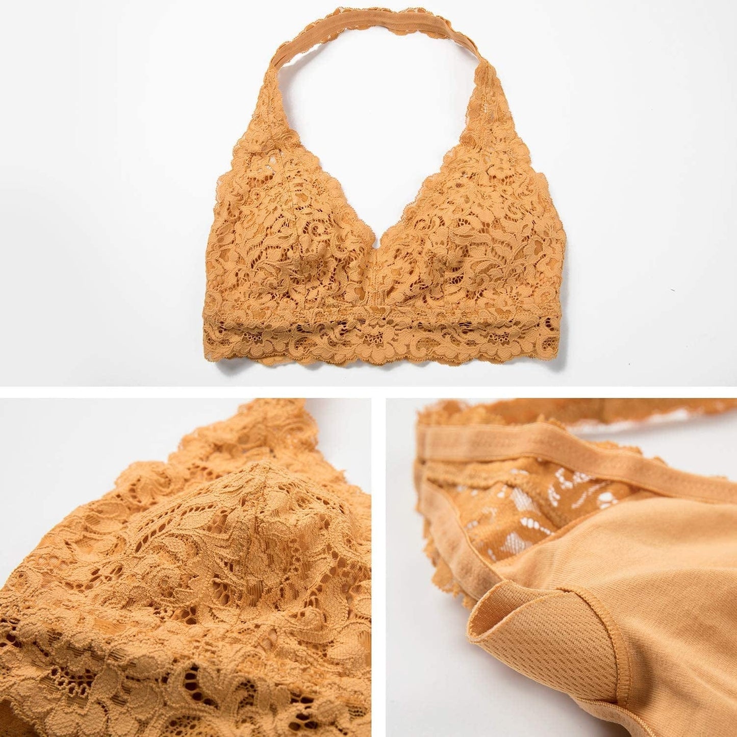 Women'S Lace Bralette Halter High Neck Wireless Bra Plunge Lightly Padded Top