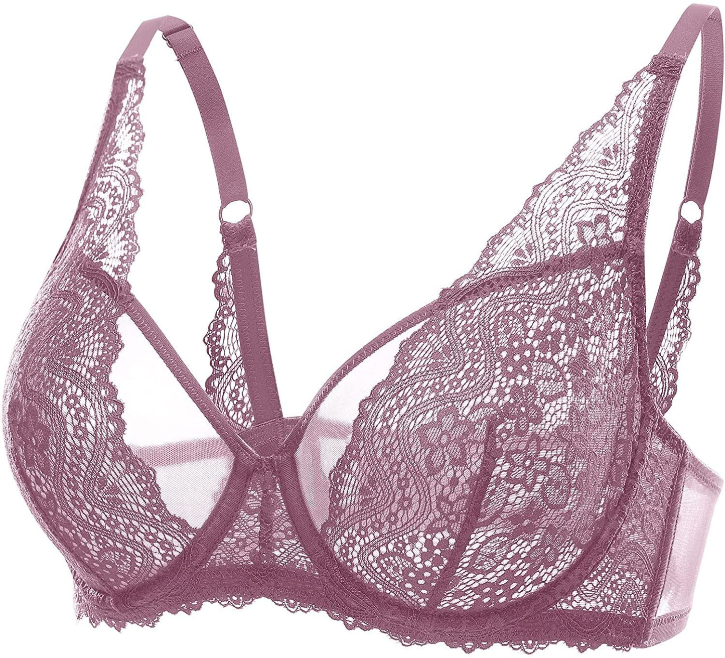 Women'S Lace Bralette See through Sexy Minimizer Bra plus Size Sheer Underwire Orchid Rose / 38B