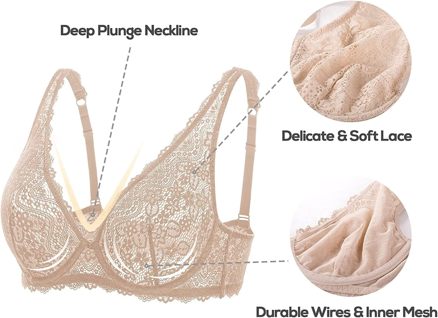 Women'S Lace Plunge Bra Sexy Underwire Bralette plus Size See through Unlined Bras