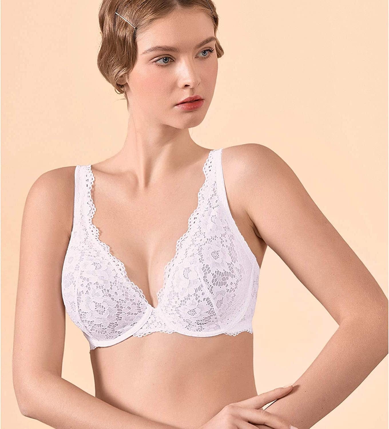 Women'S Lace Unlined Plunge Bra Underwire Bralette plus Size Sheer Full Coverage Bras