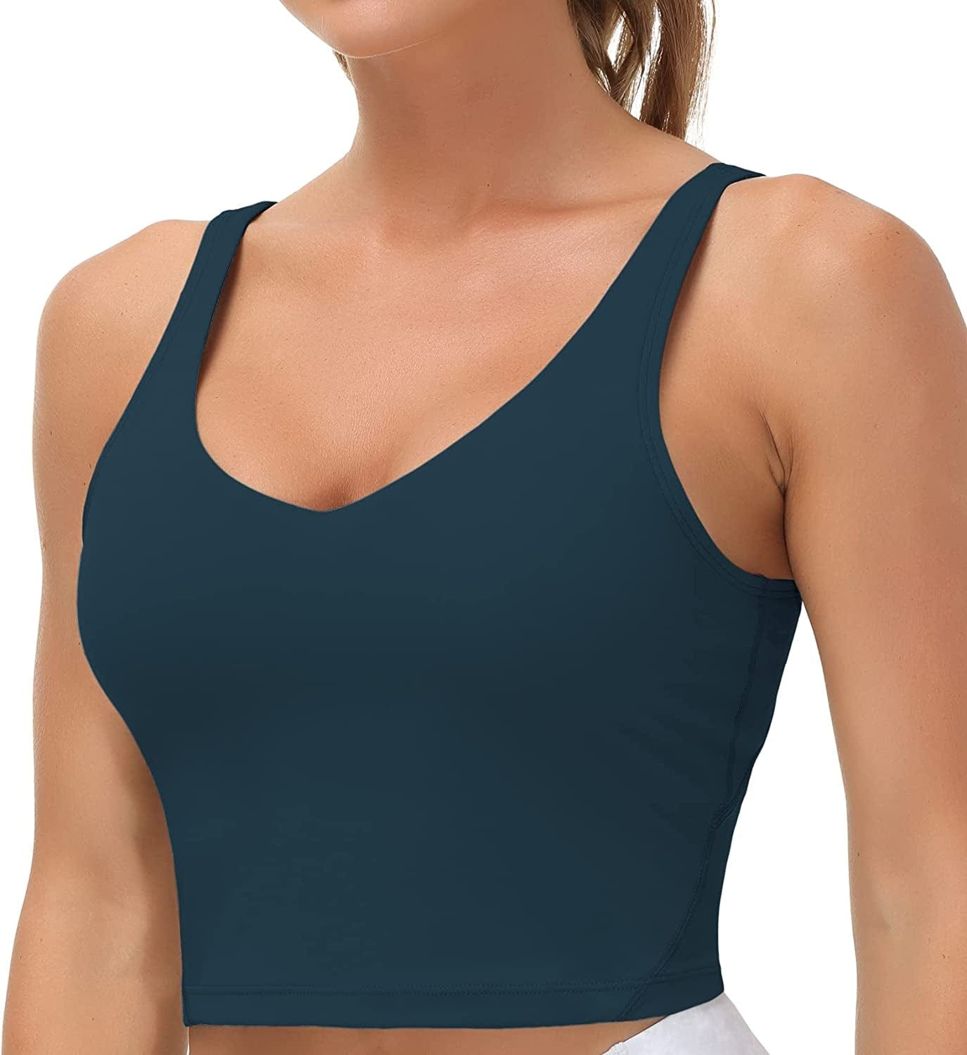 Women’S Longline Sports Bra Wirefree Padded Medium Support Yoga Bras Gym Running Workout Tank Tops Dark Blue Green / Large