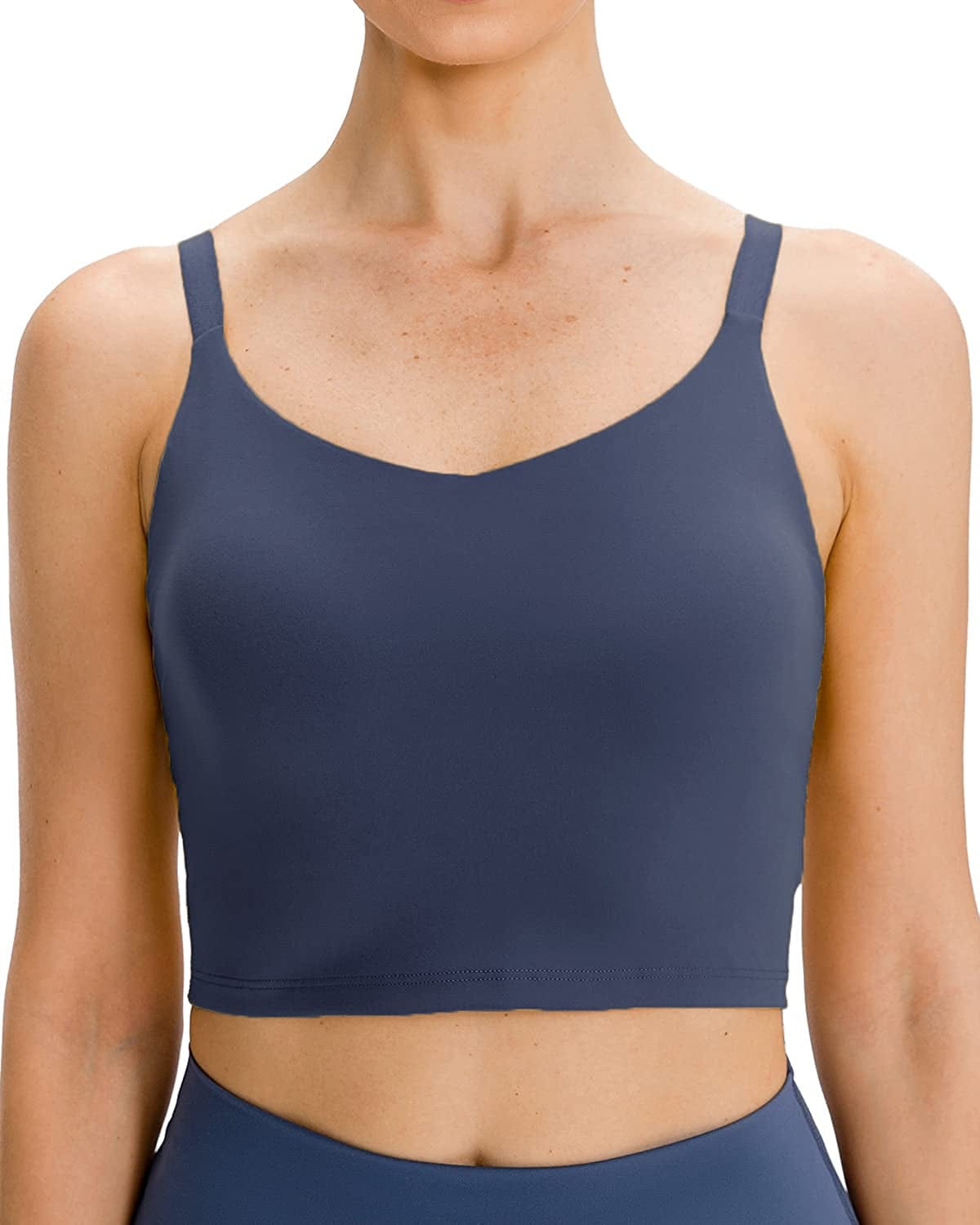 Women'S Longline Sports Bra Yoga Cami Tank Top with Built in Bra Adjustable Strap - Dark Electric Blue / Small