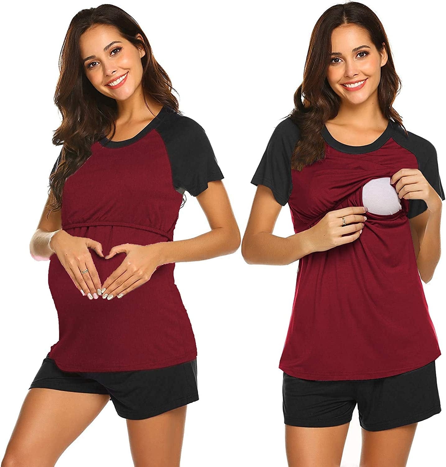 Women’S Maternity Nursing Pajamas for Hospital Short Raglan Sleeve Baseball Pregnancy Breastfeeding Sleepwear Set Black Wine Red / Medium