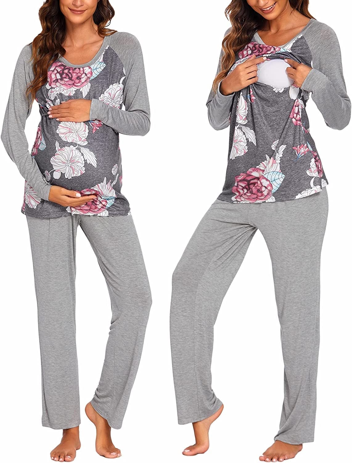 Women’S Maternity Nursing Pajamas for Hospital Short Raglan Sleeve Baseball Pregnancy Breastfeeding Sleepwear Set B-gray Floral / Small