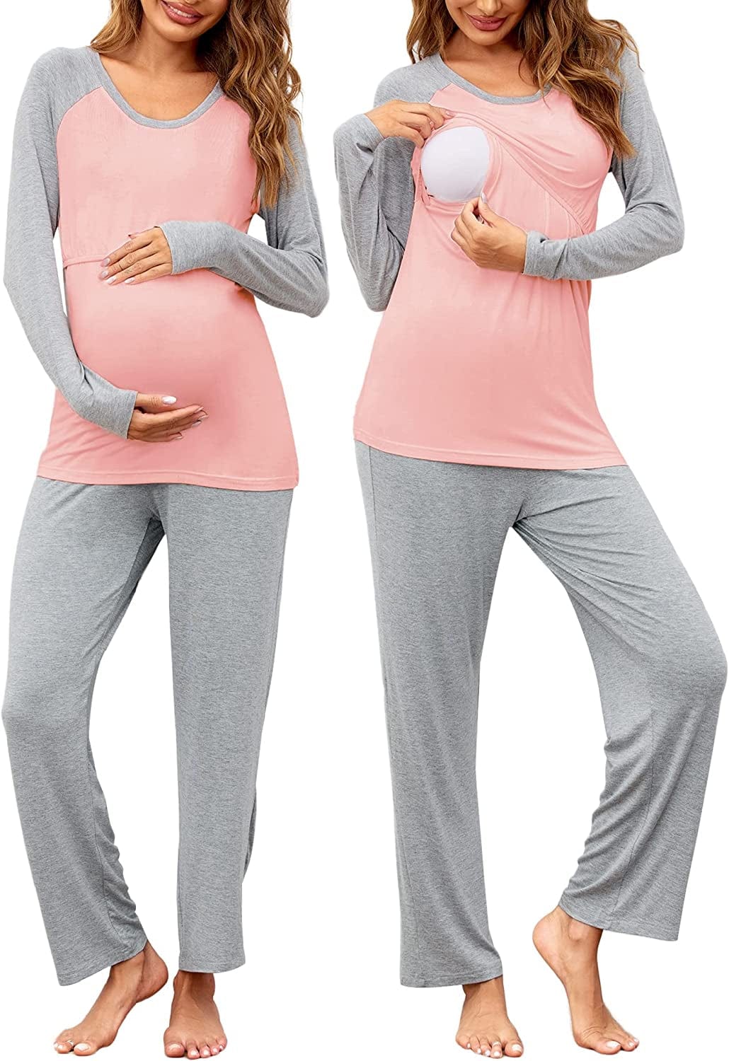 Women’S Maternity Nursing Pajamas for Hospital Short Raglan Sleeve Baseball Pregnancy Breastfeeding Sleepwear Set B-pink / Large