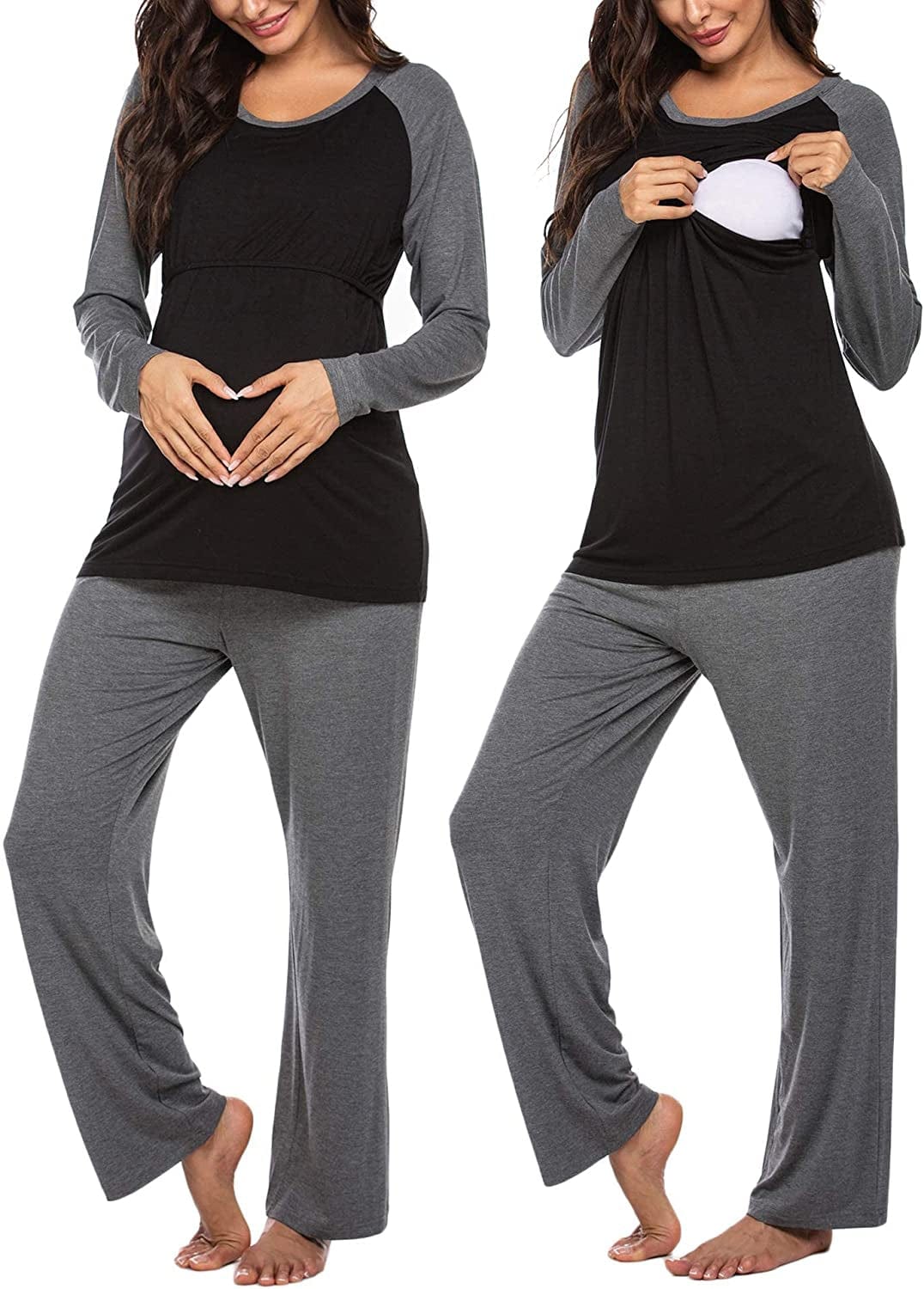Women’S Maternity Nursing Pajamas for Hospital Short Raglan Sleeve Baseball Pregnancy Breastfeeding Sleepwear Set B_medium Grey / X-Large