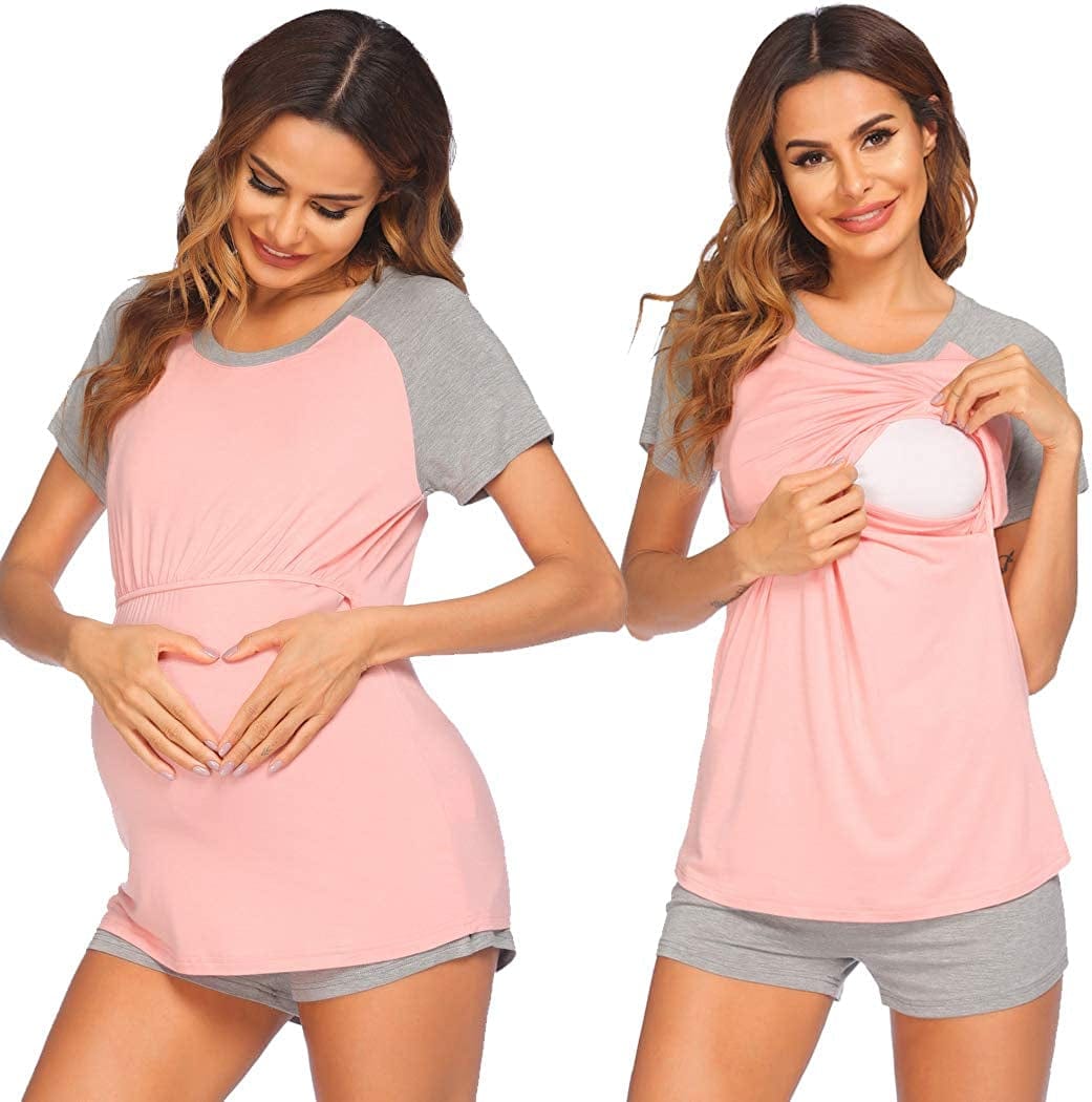 Women’S Maternity Nursing Pajamas for Hospital Short Raglan Sleeve Baseball Pregnancy Breastfeeding Sleepwear Set Pink Grey / X-Large