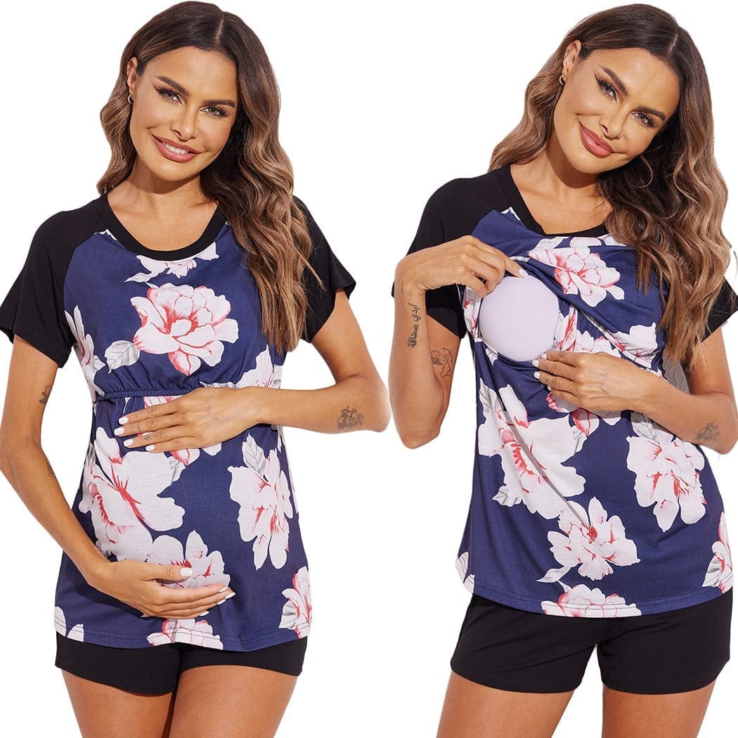 Women’S Maternity Nursing Pajamas for Hospital Short Raglan Sleeve Baseball Pregnancy Breastfeeding Sleepwear Set Navy Flowers Printed / XX-Large