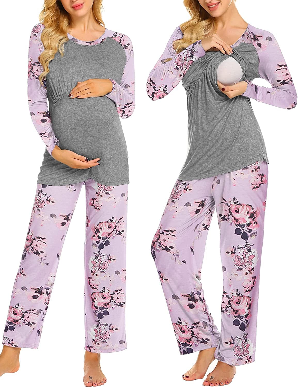 Women’S Maternity Nursing Pajamas for Hospital Short Raglan Sleeve Baseball Pregnancy Breastfeeding Sleepwear Set B_pink Floral / Small