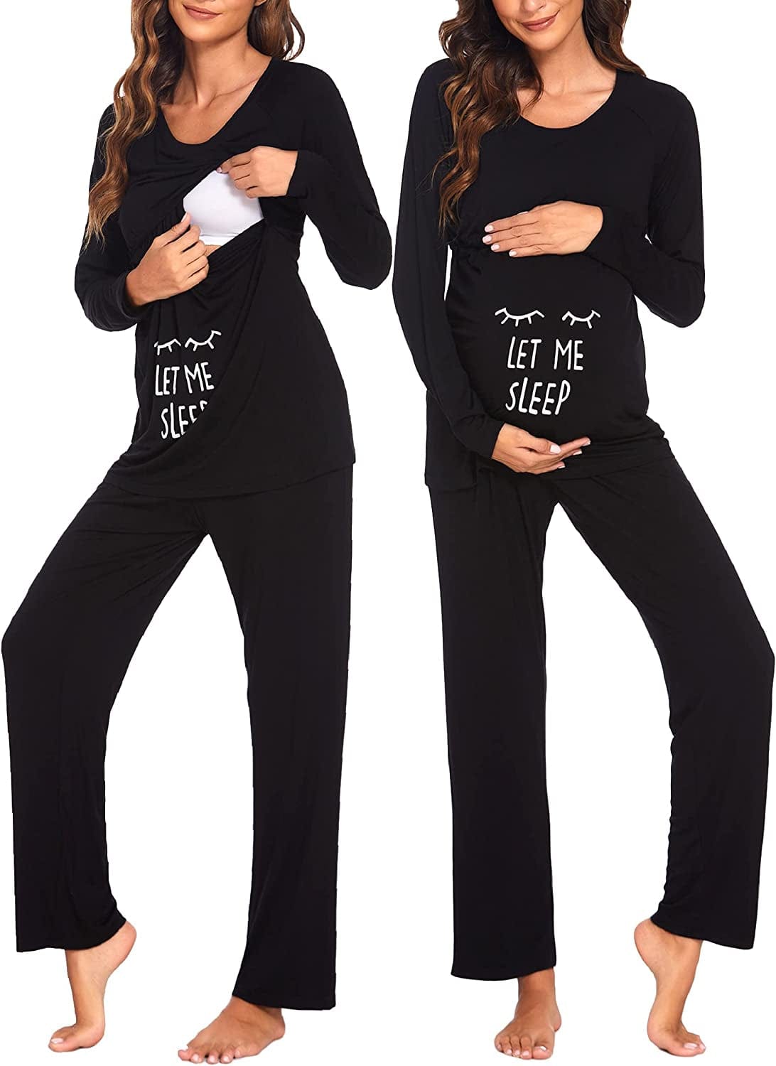 Women’S Maternity Nursing Pajamas for Hospital Short Raglan Sleeve Baseball Pregnancy Breastfeeding Sleepwear Set B-black Sleep Print / Small