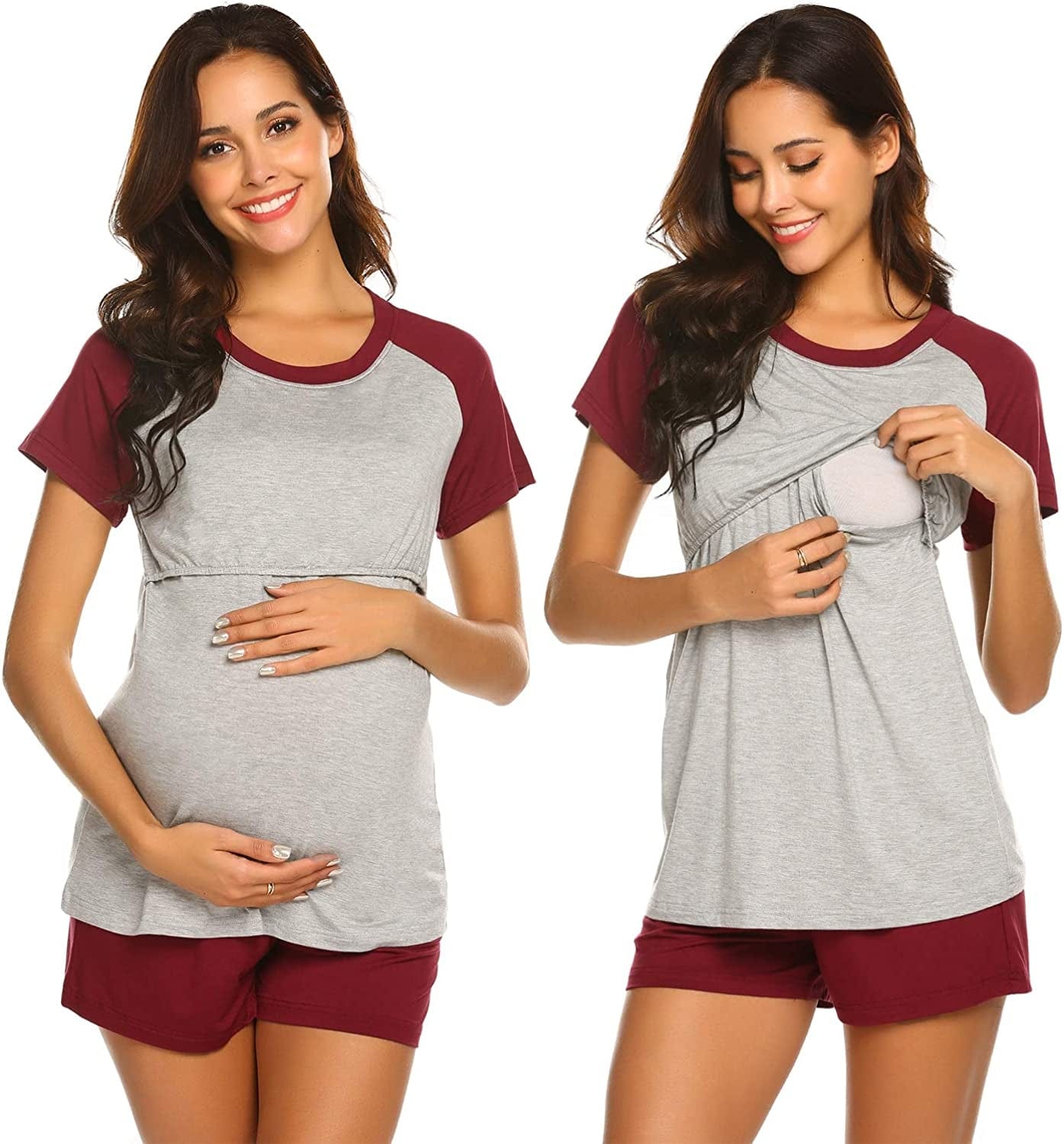 Women’S Maternity Nursing Pajamas for Hospital Short Raglan Sleeve Baseball Pregnancy Breastfeeding Sleepwear Set Wine Red / Large