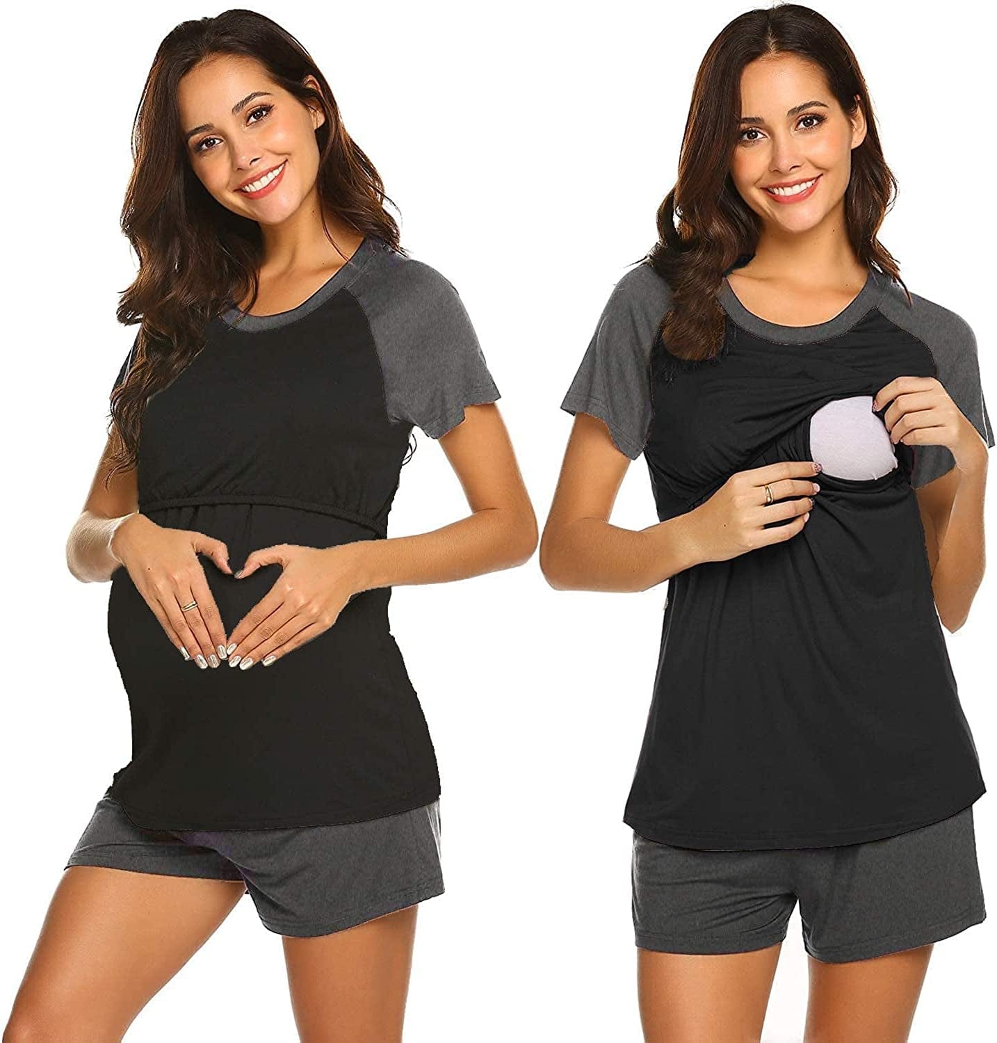 Women’S Maternity Nursing Pajamas for Hospital Short Raglan Sleeve Baseball Pregnancy Breastfeeding Sleepwear Set Black / Large