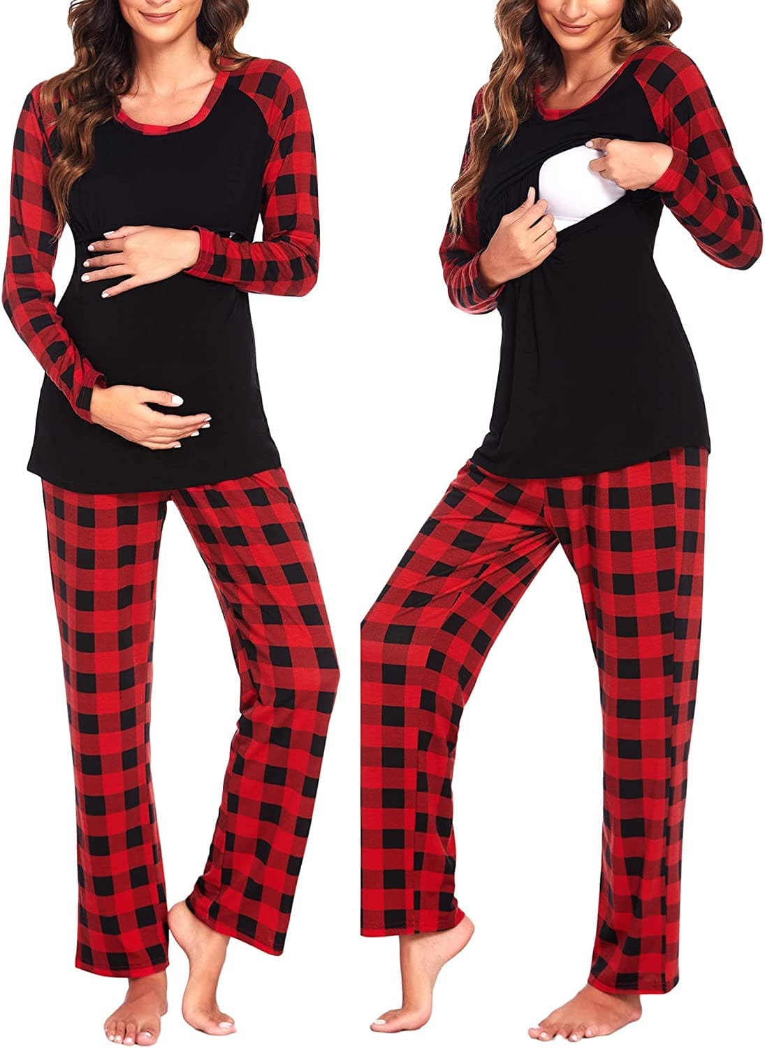 Women’S Maternity Nursing Pajamas for Hospital Short Raglan Sleeve Baseball Pregnancy Breastfeeding Sleepwear Set A_red Plaid / Small