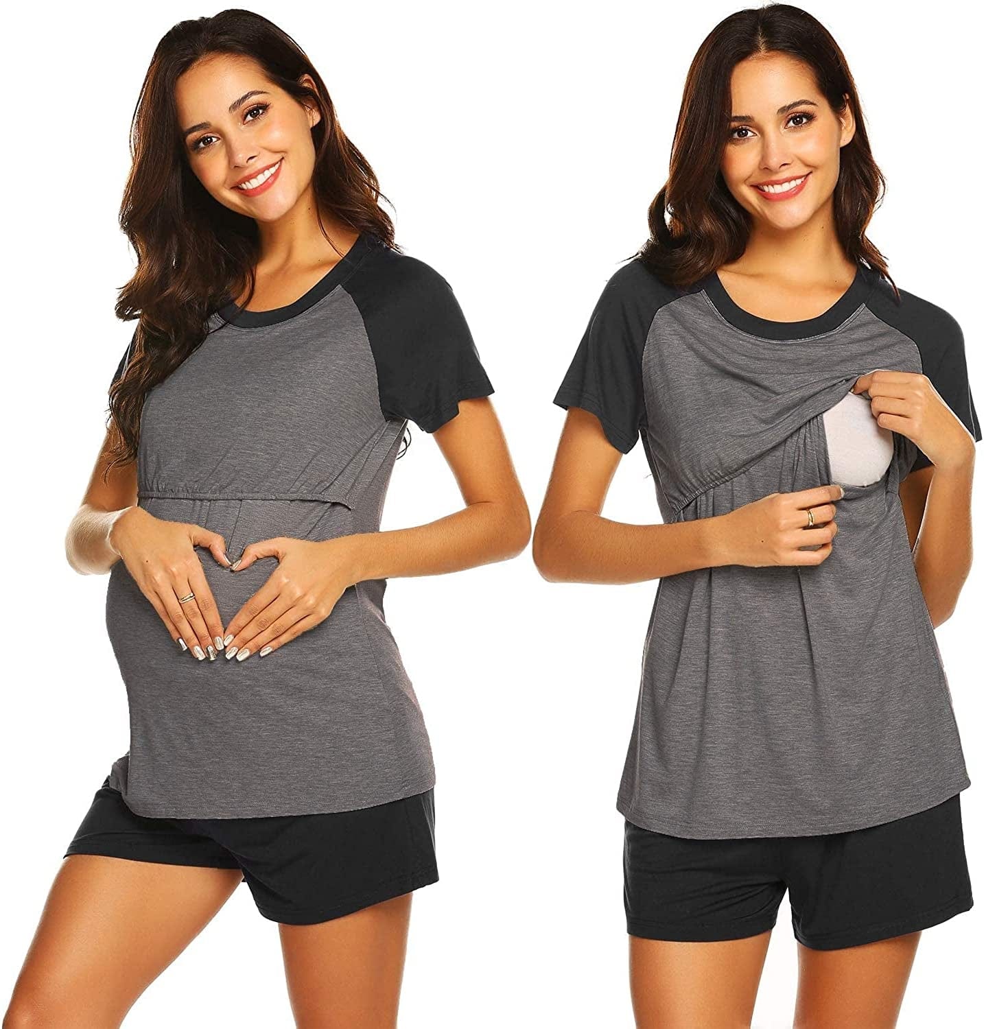 Women’S Maternity Nursing Pajamas for Hospital Short Raglan Sleeve Baseball Pregnancy Breastfeeding Sleepwear Set Gray / X-Large