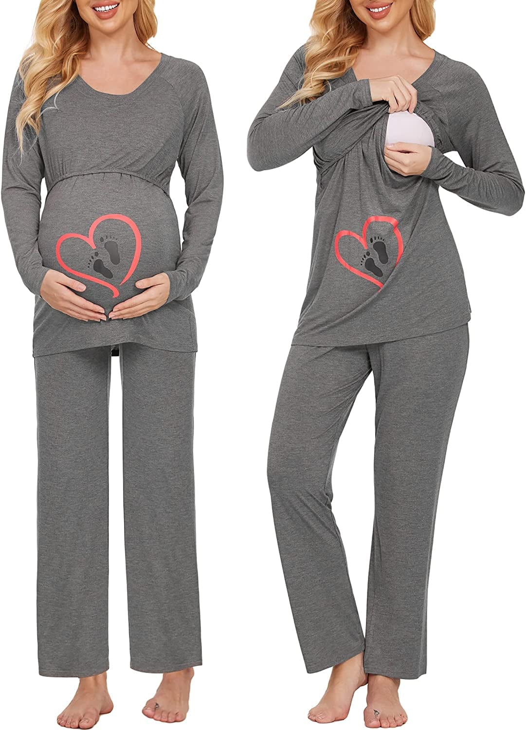 Women’S Maternity Nursing Pajamas for Hospital Short Raglan Sleeve Baseball Pregnancy Breastfeeding Sleepwear Set B_gray Foot Prints / Small
