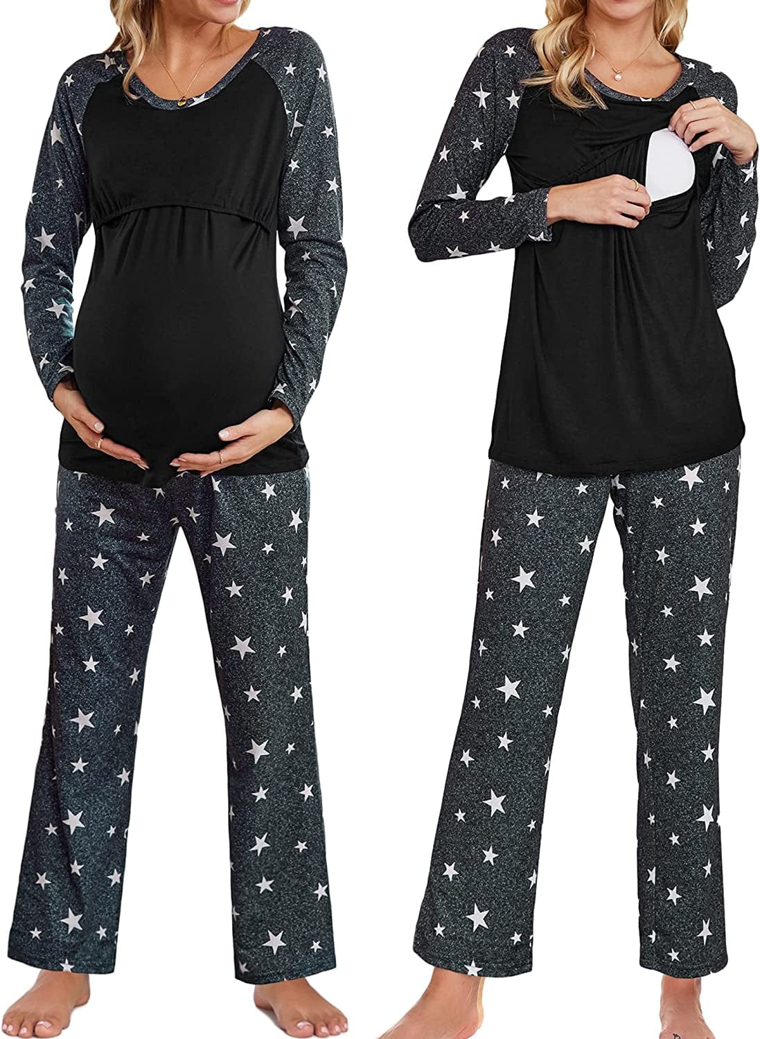 Women’S Maternity Nursing Pajamas for Hospital Short Raglan Sleeve Baseball Pregnancy Breastfeeding Sleepwear Set B_strar Dark Gray / X-Large