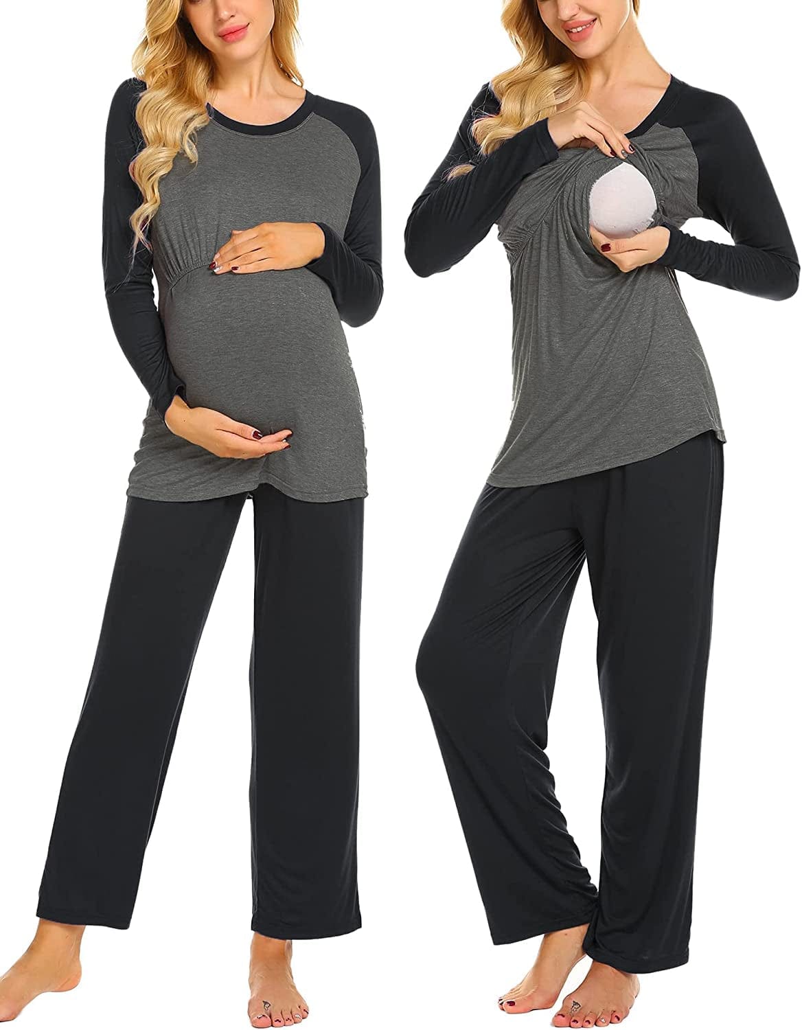 Women’S Maternity Nursing Pajamas for Hospital Short Raglan Sleeve Baseball Pregnancy Breastfeeding Sleepwear Set B-black Gray / Large