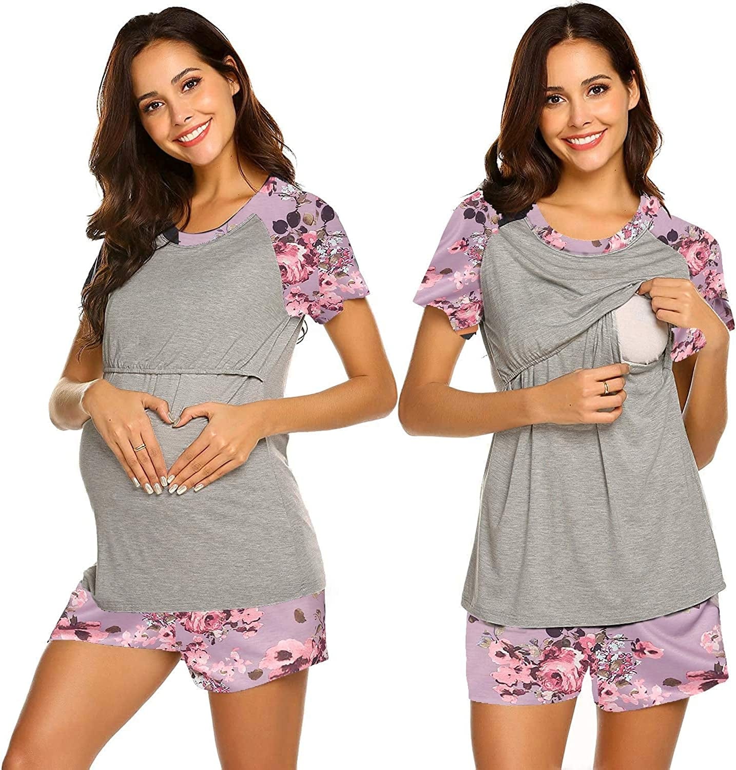 Women’S Maternity Nursing Pajamas for Hospital Short Raglan Sleeve Baseball Pregnancy Breastfeeding Sleepwear Set Pink Floral / Large
