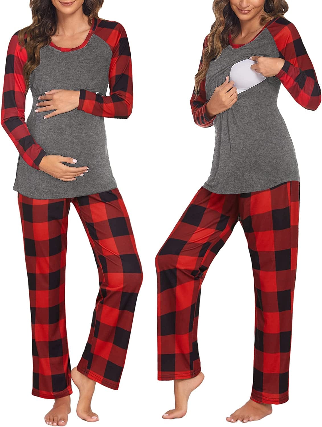 Women’S Maternity Nursing Pajamas for Hospital Short Raglan Sleeve Baseball Pregnancy Breastfeeding Sleepwear Set B_dark Grey Plaid / XX-Large