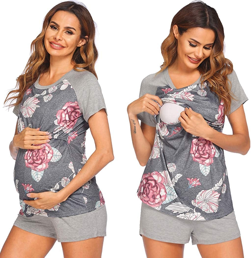 Women’S Maternity Nursing Pajamas for Hospital Short Raglan Sleeve Baseball Pregnancy Breastfeeding Sleepwear Set Grey Floral / X-Large