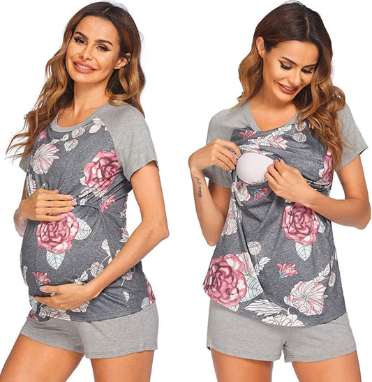Women’S Maternity Nursing Pajamas for Hospital Short Raglan Sleeve Baseball Pregnancy Breastfeeding Sleepwear Set Grey Floral / X-Large