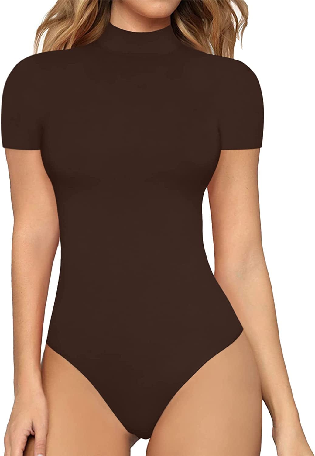 Women'S Mock Turtle Neck Sleeveless Tank Tops / Short Sleeve Bodysuit Leotard Clothing Short Sleeve Coffee / Small