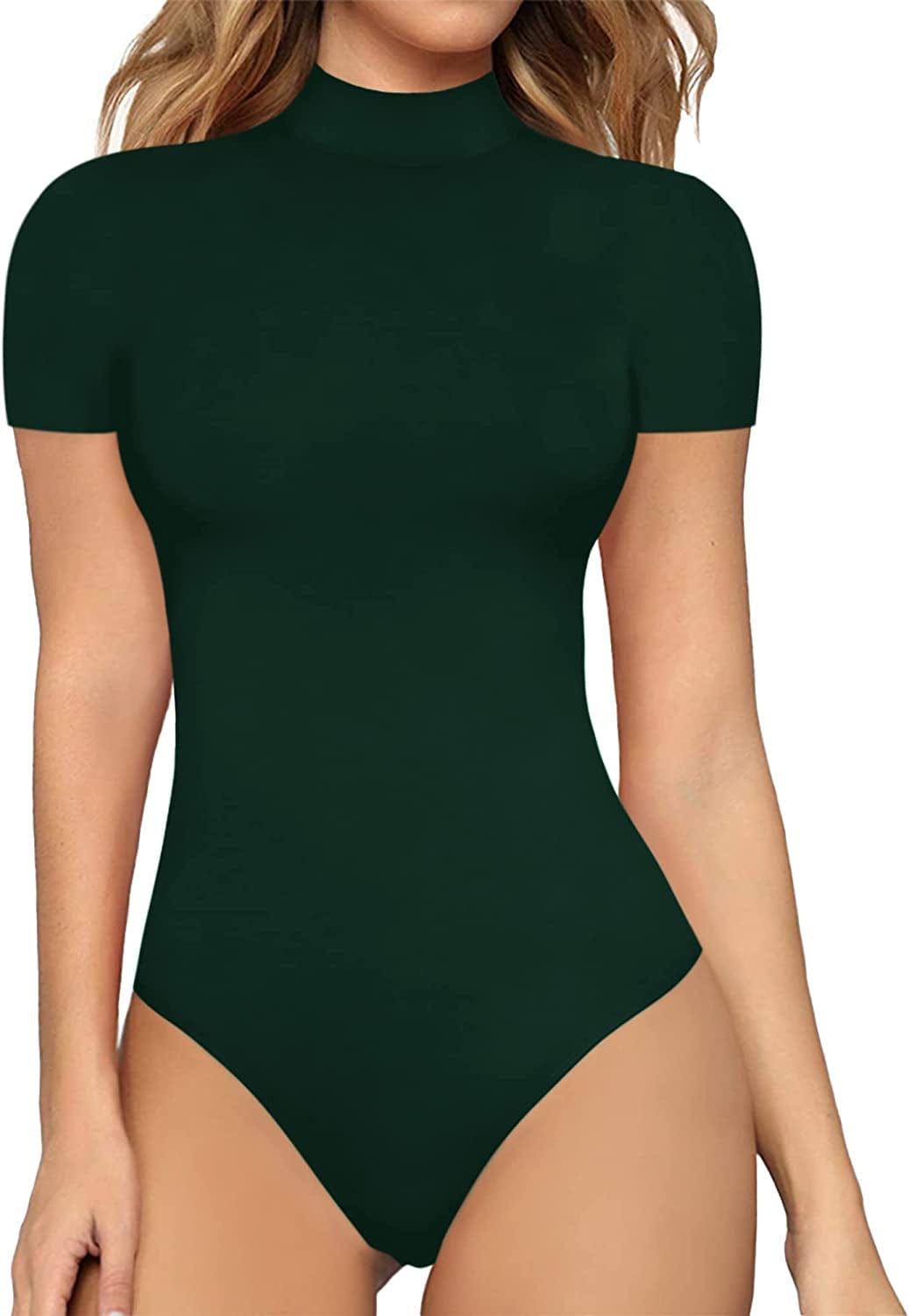 Women'S Mock Turtle Neck Sleeveless Tank Tops / Short Sleeve Bodysuit Leotard Clothing Short Sleeve Deep Green / Small